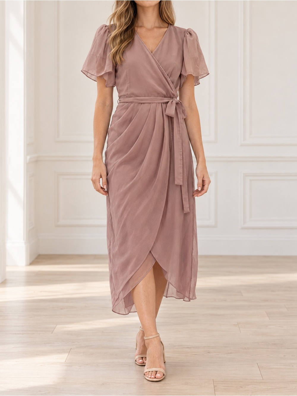 NWT Ivy City Co Lillie Dress Large Dusty Rose Taupe Chiffon Flutter Sleeve Midi